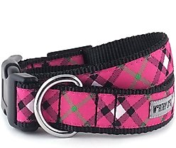 The Worthy Dog Bias Plaid Dog Collar, Pink, Medium: 11 to 17-in neck, 1-in wide
