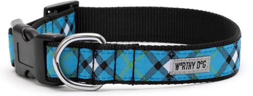 Show full view: The Worthy Dog Bias Plaid Dog Collar, Blue, Large: 14 to 20-in neck, 1-in wide slide 2 of 5