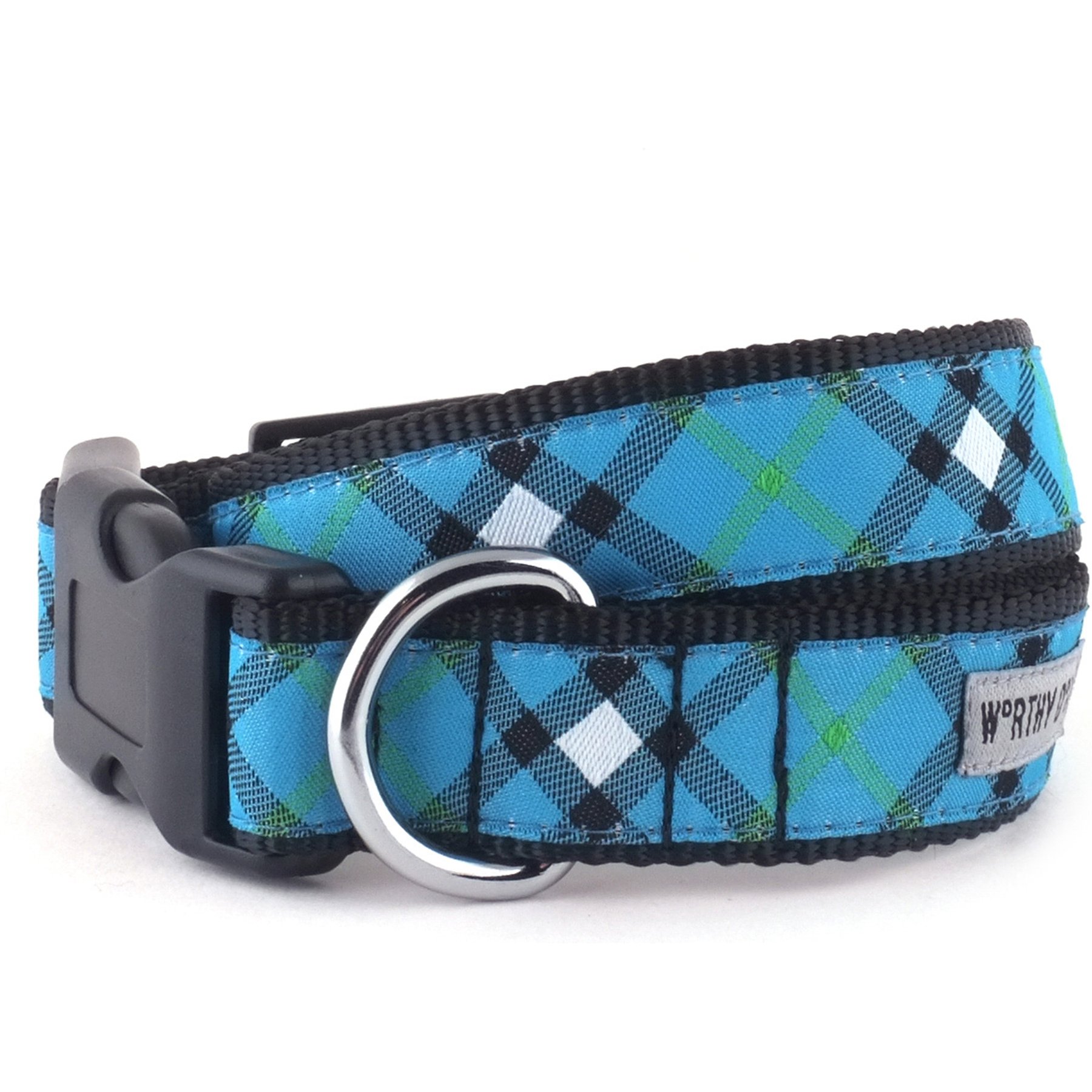 The Worthy Dog Bias Plaid Dog Collar, Blue, Small: 8 to 14-in neck, 5/8-in wide