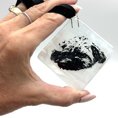 Show full view: Kiku Custom Handmade Christmas Pet Portrait Fused Glass Ornament, White Print on Clear-White Glass, 2.25-in x 2.25-in slide 2 of 3