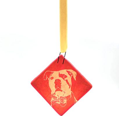 Show full view: Kiku Custom Handmade Christmas Pet Portrait Fused Glass Ornament, Sparkle Gold Print on Red Glass, 2.25-in x 2.25-in slide 4 of 4