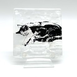 Kiku Custom Handmade Pet Portrait Fused Glass Coaster, Black Print on Clear-White Glass, 4-in x 4-in slide 2 of 5