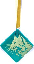 Kiku Custom Handmade Christmas Pet Portrait Fused Glass Ornament, Sparkle Gold Print on Green Glass, 2.25-in x 2.25-in slide 2 of 3