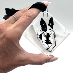Kiku Custom Handmade Christmas Pet Portrait Fused Glass Ornament, White Print on Clear-White Glass, 2.25-in x 2.25-in