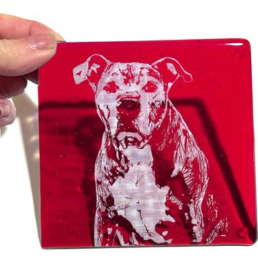 Show full view: Kiku Custom Handmade Pet Portrait Fused Glass Coaster, White Print on Red Blue Glass, 4-in x 4-in slide 2 of 5