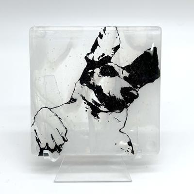 Show full view: Kiku Custom Handmade Pet Portrait Fused Glass Coaster, Black Print on Clear-White Glass, 4-in x 4-in slide 2 of 5