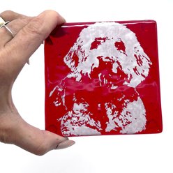 Kiku Custom Handmade Pet Portrait Fused Glass Coaster, White Print on Red Blue Glass, 4-in x 4-in