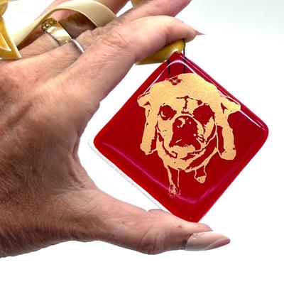 Show full view: Kiku Custom Handmade Christmas Pet Portrait Fused Glass Ornament, Sparkle Gold Print on Red Glass, 2.25-in x 2.25-in slide 3 of 4