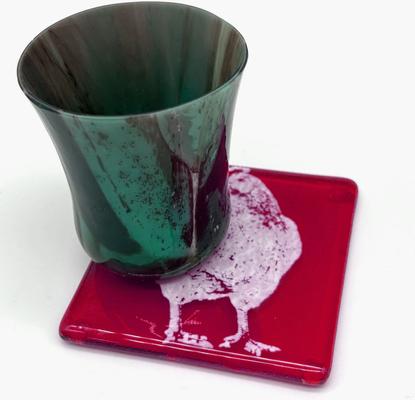 Show full view: Kiku Custom Handmade Pet Portrait Fused Glass Coaster, White Print on Red Blue Glass, 4-in x 4-in slide 4 of 5