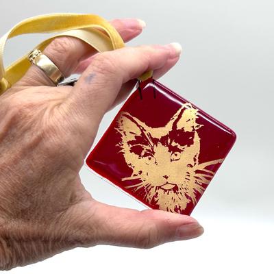 Show full view: Kiku Custom Handmade Christmas Pet Portrait Fused Glass Ornament, Sparkle Gold Print on Red Glass, 2.25-in x 2.25-in slide 2 of 4