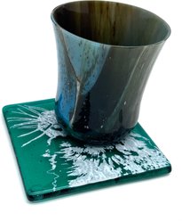 Kiku Custom Handmade Pet Portrait Fused Glass Coaster, White Print on Green Blue Glass, 4-in x 4-in slide 2 of 4