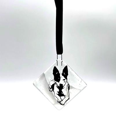 Show full view: Kiku Custom Handmade Christmas Pet Portrait Fused Glass Ornament, White Print on Clear-White Glass, 2.25-in x 2.25-in slide 3 of 3