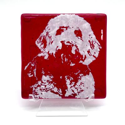 Show full view: Kiku Custom Handmade Pet Portrait Fused Glass Coaster, White Print on Red Blue Glass, 4-in x 4-in slide 5 of 5