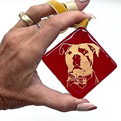 Kiku Custom Handmade Christmas Pet Portrait Fused Glass Ornament, Sparkle Gold Print on Red Glass, 2.25-in x 2.25-in