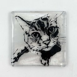 Kiku Custom Handmade Pet Portrait Fused Glass Coaster, Black Print on Clear-White Glass, 4-in x 4-in