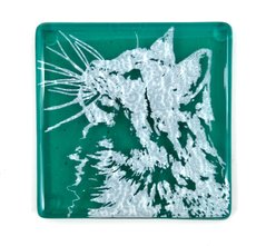 Kiku Custom Handmade Pet Portrait Fused Glass Coaster, White Print on Green Blue Glass, 4-in x 4-in