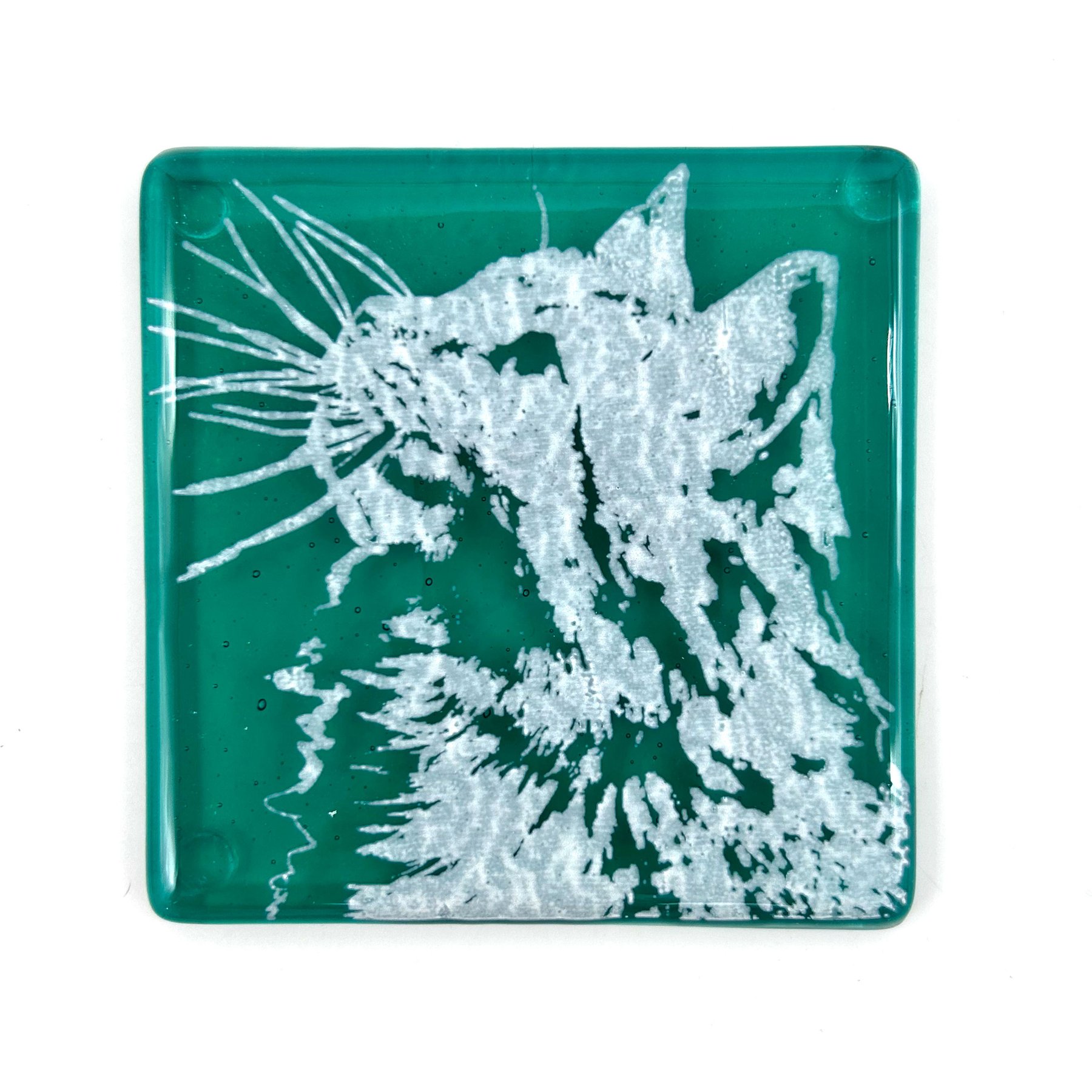 Kiku Custom Handmade Pet Portrait Fused Glass Coaster, White Print on Green Blue Glass, 4-in x 4-in
