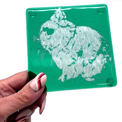 Show full view: Kiku Custom Handmade Pet Portrait Fused Glass Coaster, White Print on Green Blue Glass, 4-in x 4-in slide 3 of 4