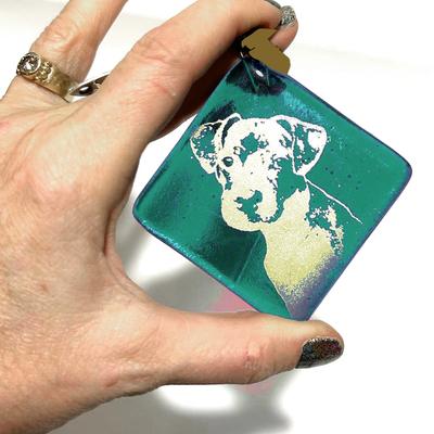 Show full view: Kiku Custom Handmade Christmas Pet Portrait Fused Glass Ornament, Sparkle Gold Print on Green Glass, 2.25-in x 2.25-in slide 2 of 3