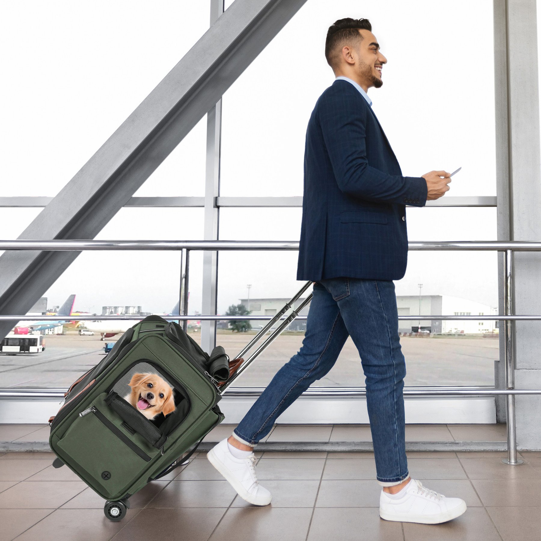 EliteField Deluxe Airline-Approved Rolling Backpack Dog & Cat Carrier, Army Green, Medium