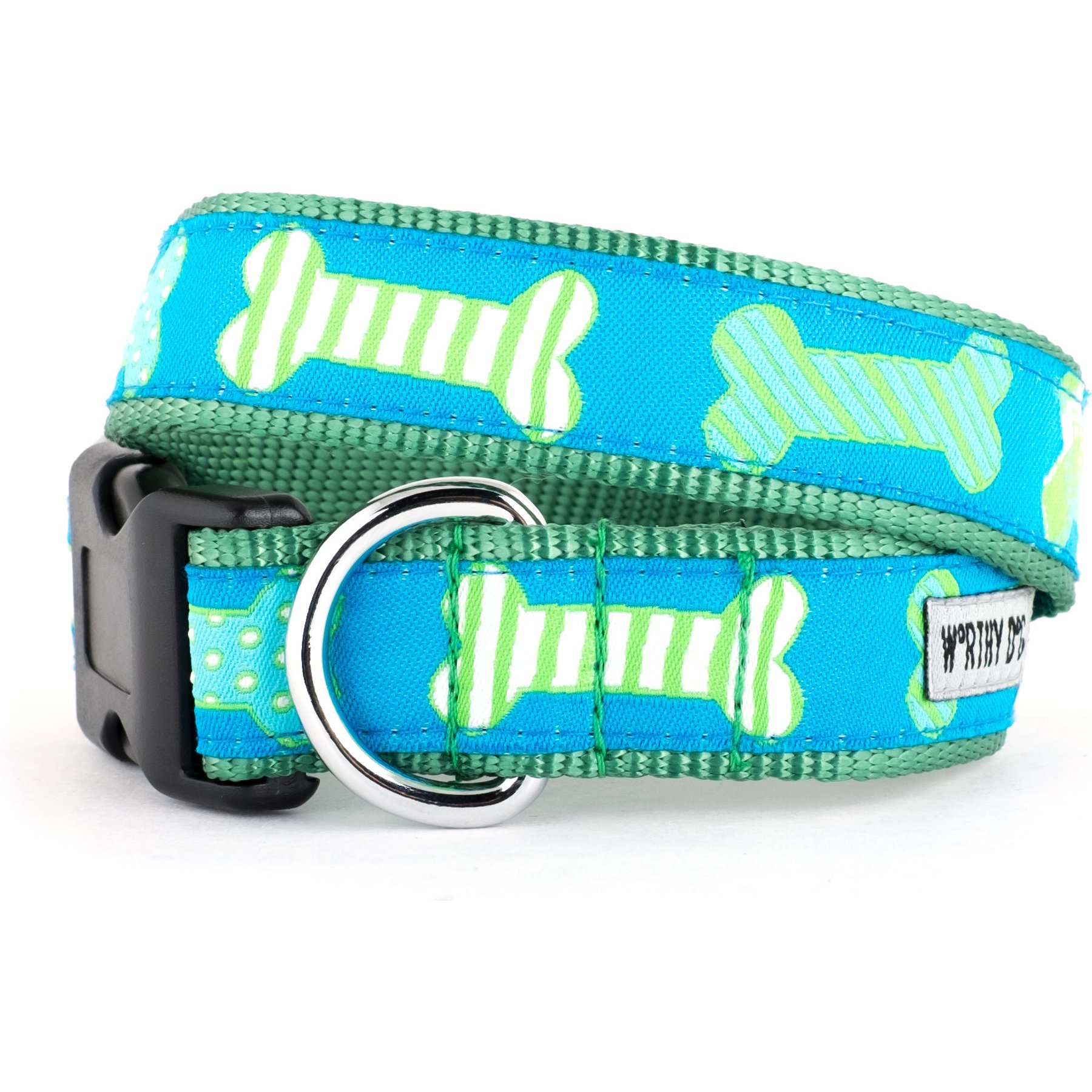 The Worthy Dog Preppy Bones Dog Collar, Blue, Large: 14 to 20-in neck, 1-in wide