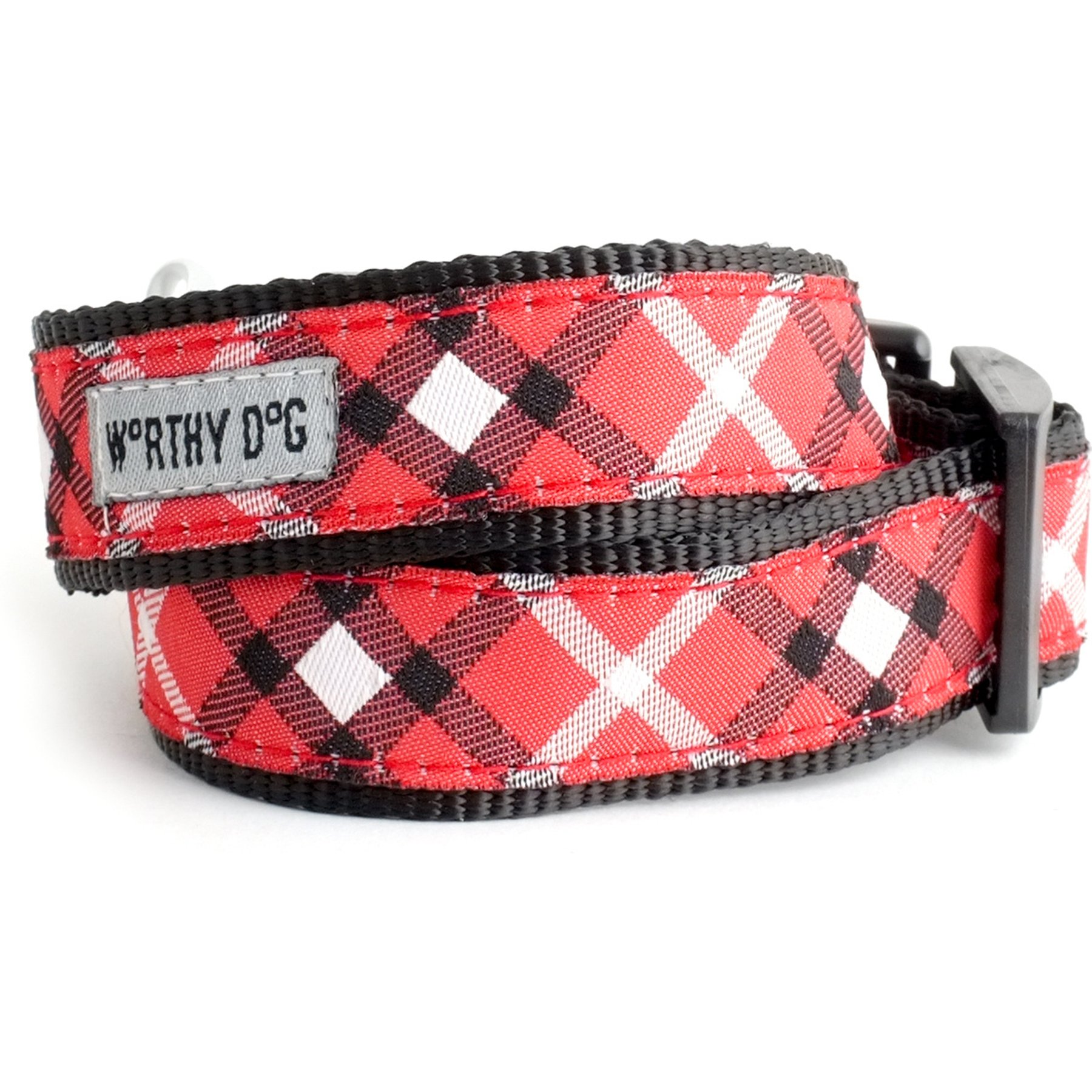 The Worthy Dog Bias Plaid Dog Collar, Red, Large: 14 to 20-in neck, 1-in wide