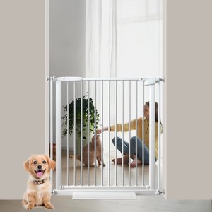 WAOWAO Ultra-Narrow Pressure Mounted Spacing Metal Pet Gate for Dog & Cat, 30-34-in, White