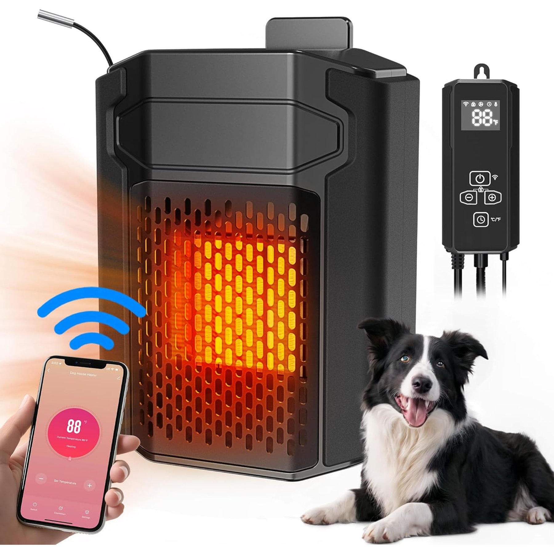 PetNF Dog House Heater with Thermostat App & External Temperature Probe, Black, 3.4-in x 5.45-in x 8.45-in
