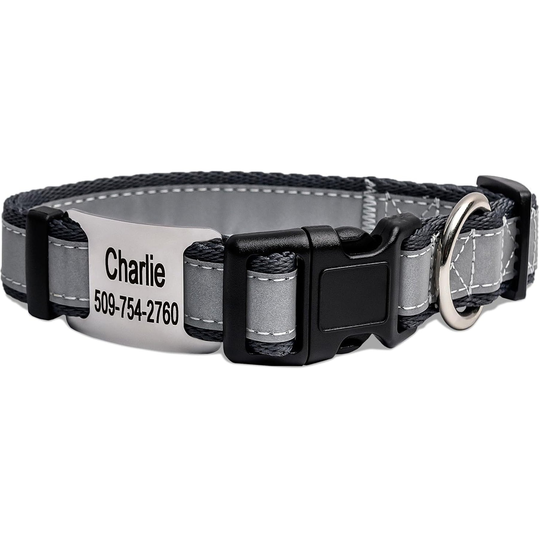 GoTags Reflective Adjustable Personalized Nameplate Dog Collar, Charcoal, Medium: 14 to 20-in neck, 3/4-in wide