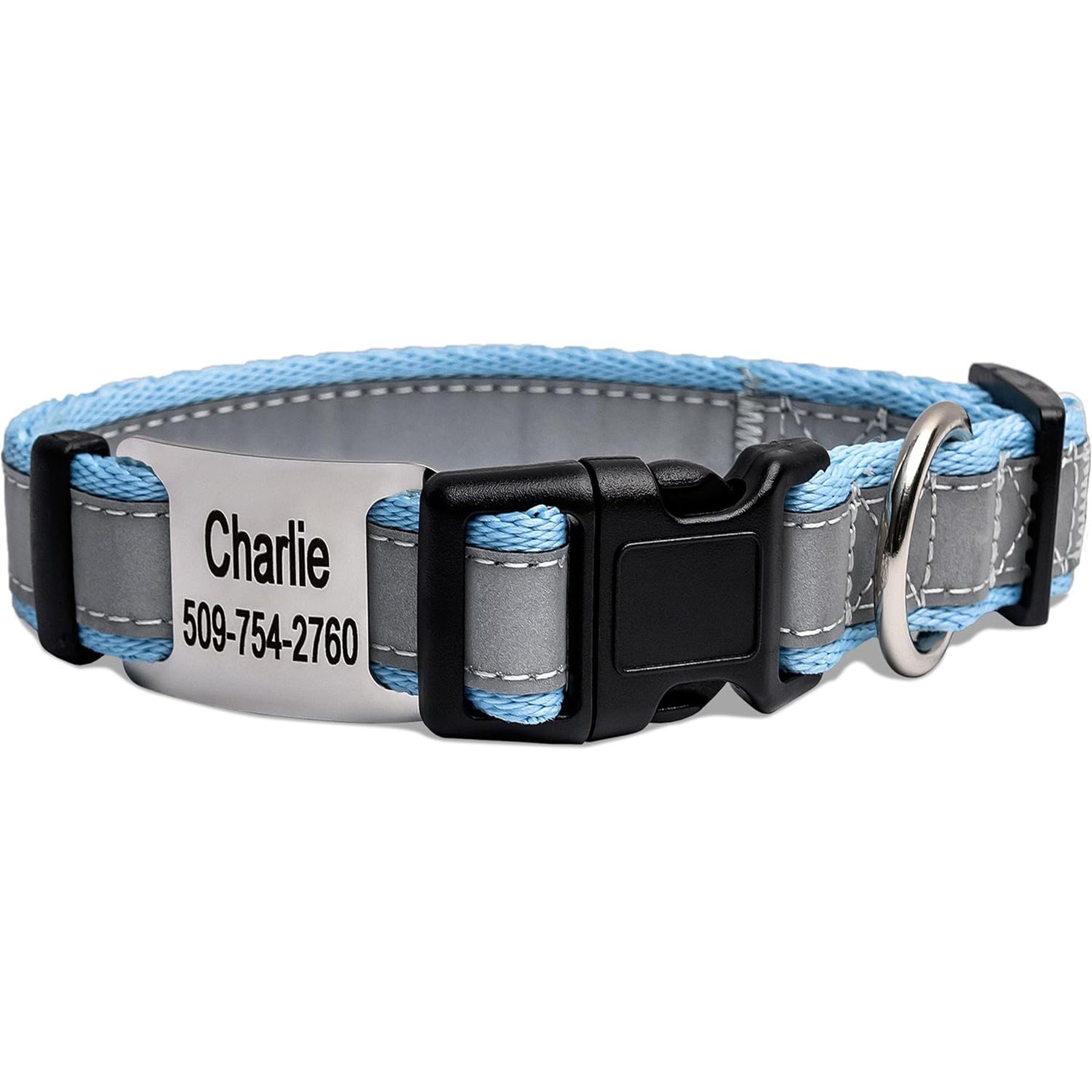 GoTags Reflective Adjustable Personalized Nameplate Dog Collar, Light Blue, Medium: 14 to 20-in neck, 3/4-in wide