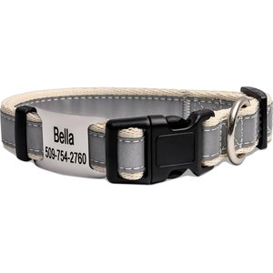 GoTags Reflective Adjustable Personalized Nameplate Dog Collar, Beige, Small: 11 to 16-in neck, 5/8-in wide