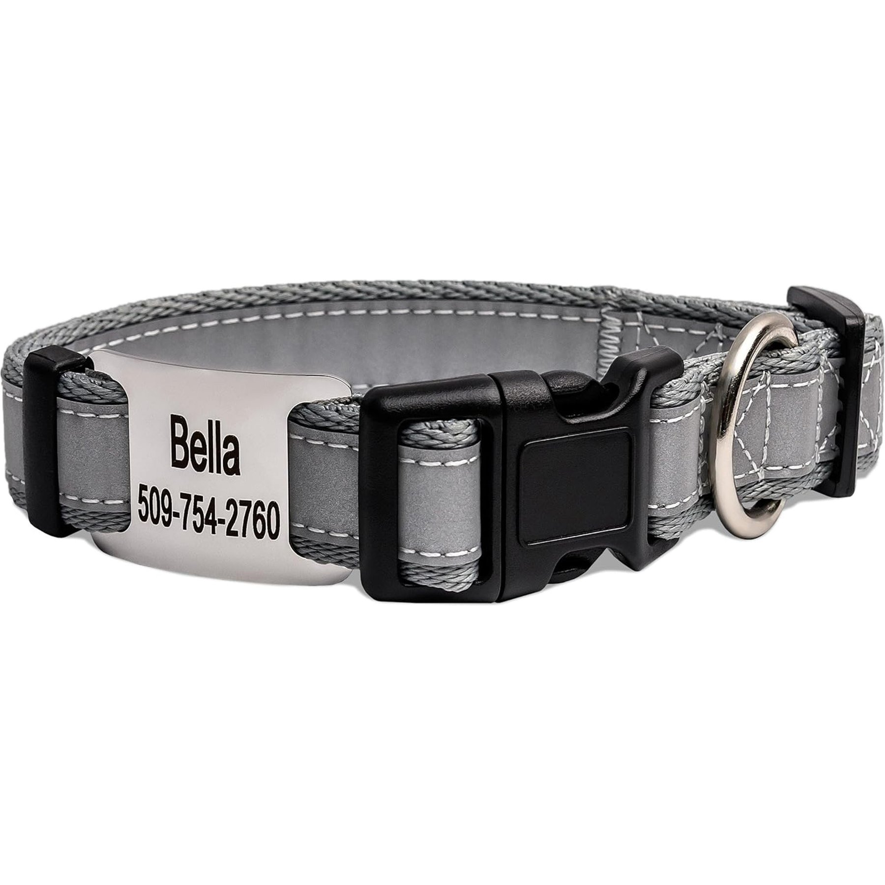 GoTags Reflective Adjustable Personalized Nameplate Dog Collar, Light Gray, Large: 18 to 26-in neck, 1-in wide