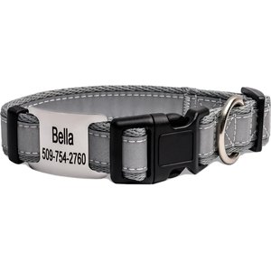 GoTags Reflective Adjustable Personalized Nameplate Dog Collar, Light Gray, Medium: 14 to 20-in neck, 3/4-in wide