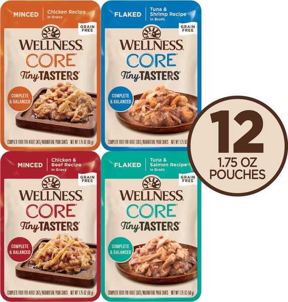 Wellness CORE Tiny Tasters Adult Seafood & Poultry Variety Pack Grain-Free Wet Cat Food, 1.75-oz pouch, 12 count