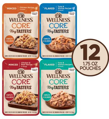 Show full view: Wellness CORE Tiny Tasters Adult Seafood & Poultry Variety Pack Grain-Free Wet Cat Food, 1.75-oz pouch, 12 count slide 3 of 10