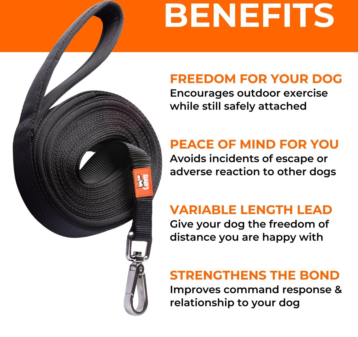 CANNY Recall Extra Long Dog Training Leash, Black, 1-in wide, 23-ft ...