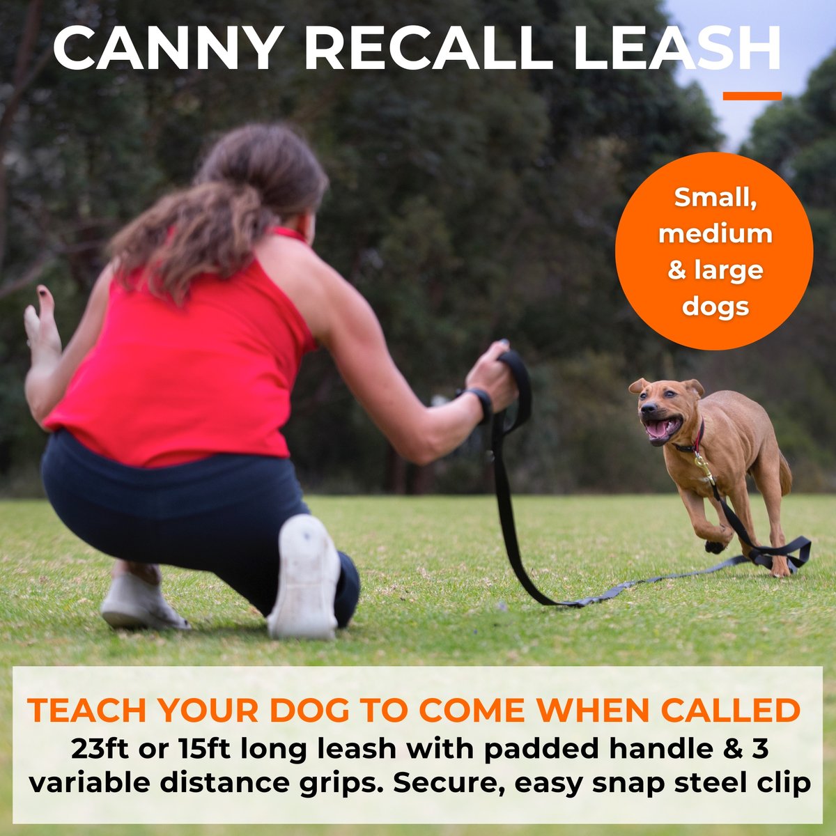 CANNY Recall Extra Long Dog Training Leash, Black, 1-in wide, 23-ft ...
