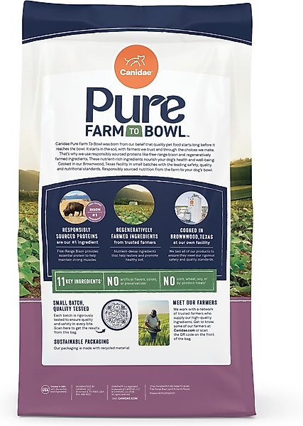 Show full view: CANIDAE Pure Farm to Bowl Free-Range Bison, Lentil & Carrot Recipe Dry Dog Food, 21-lb bag slide 4 of 11