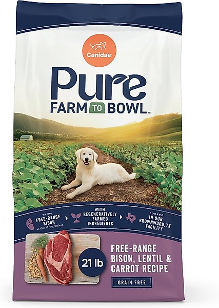 Show full view: CANIDAE Pure Farm to Bowl Free-Range Bison, Lentil & Carrot Recipe Dry Dog Food, 21-lb bag slide 1 of 11