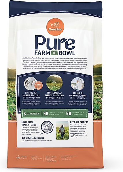 Show full view: CANIDAE Pure Farm to Bowl Wild-Caught Salmon & Sweet Potato Recipe Dry Dog Food, 22-lb bag slide 4 of 11