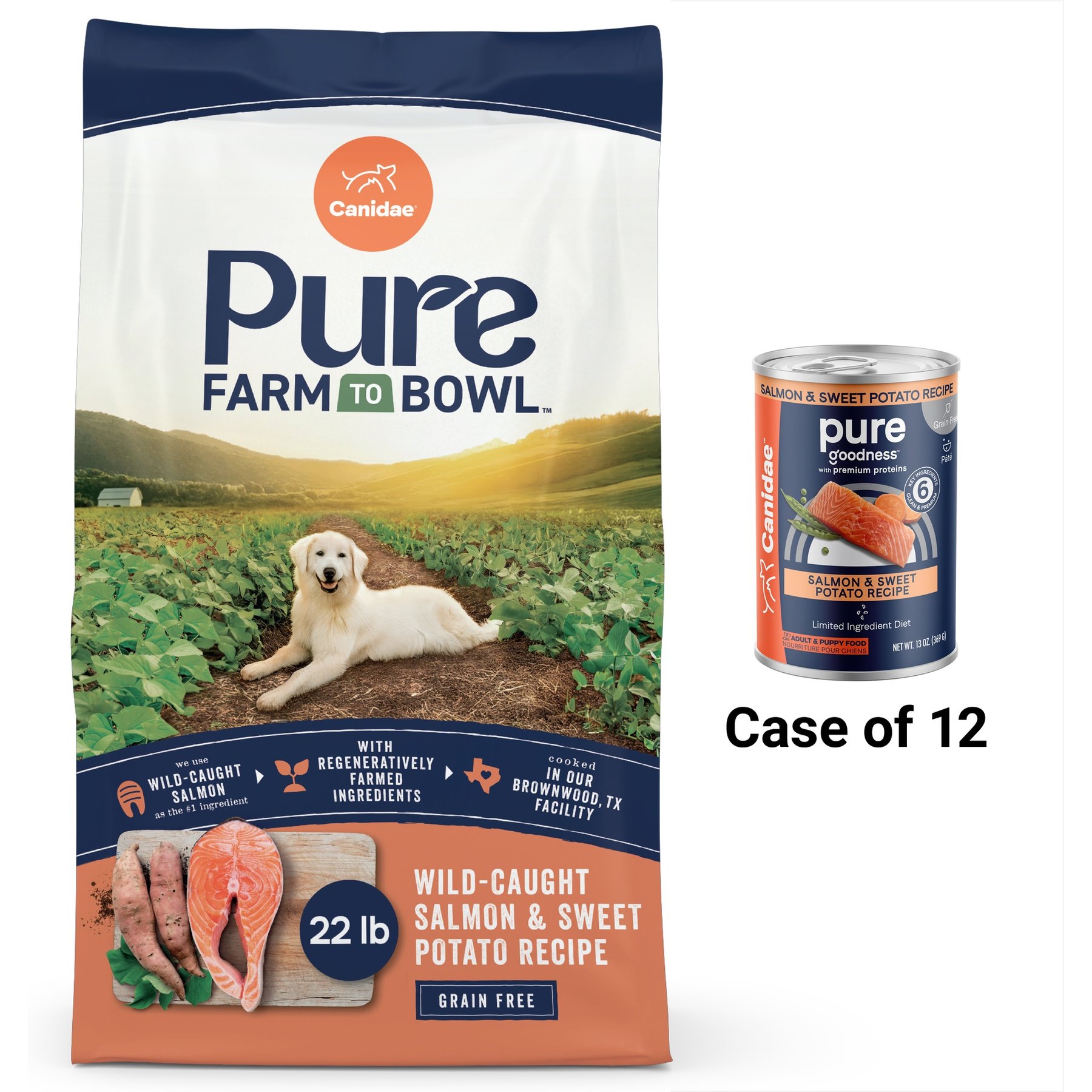 CANIDAE PURE Farm to Bowl Limited Ingredient Salmon & Sweet Potato Dry Food + Salmon & Sweet Potato Canned Dog Food, 24-lb bag