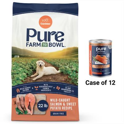 Show full view: CANIDAE PURE Limited Ingredient Salmon & Sweet Potato Dry Food + Salmon & Sweet Potato Canned Dog Food slide 1 of 9