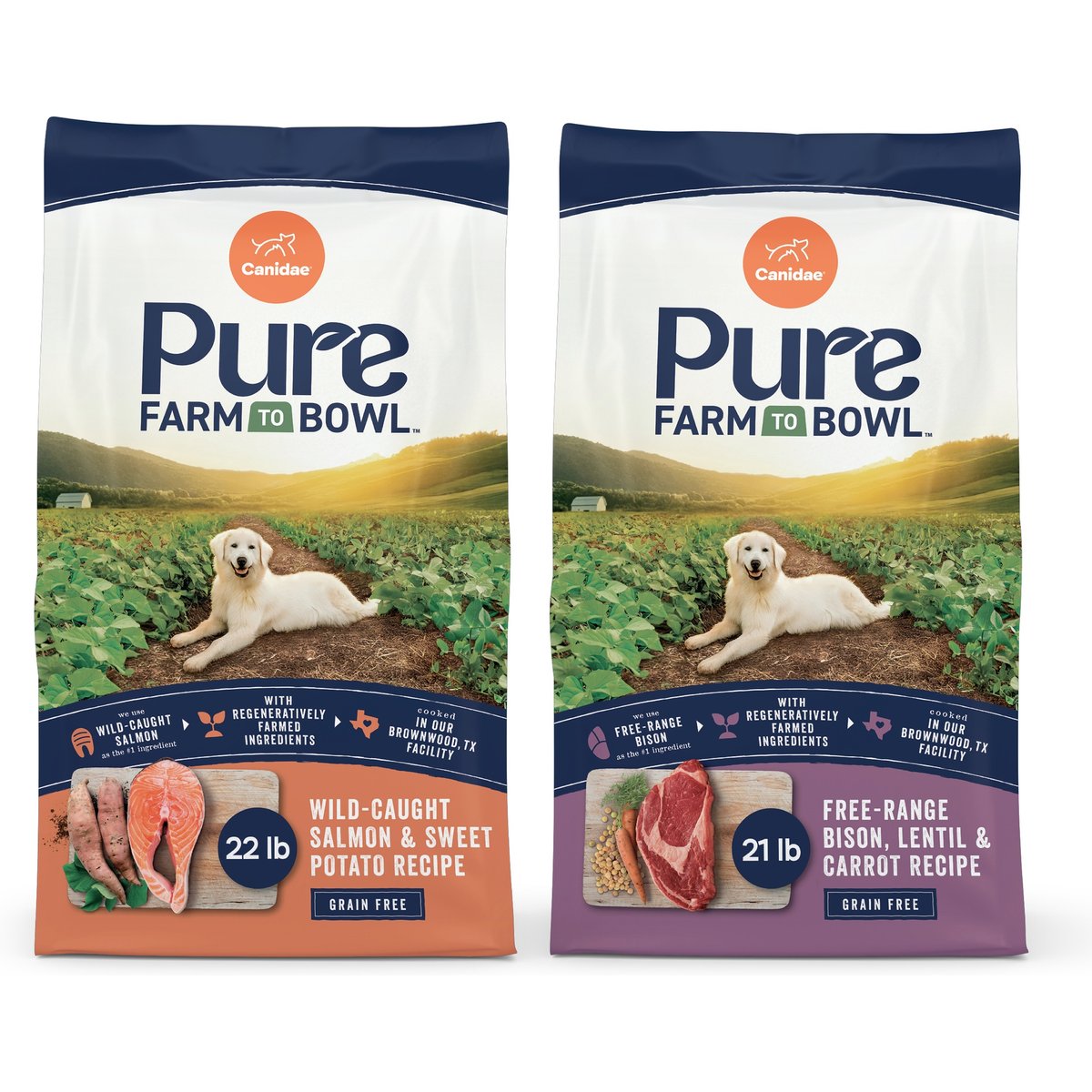 CANIDAE PURE Farm to Bowl Limited Ingredient Salmon & Sweet Potato Recipe + Bison, Lentil & Carrot Recipe Dry Dog Food