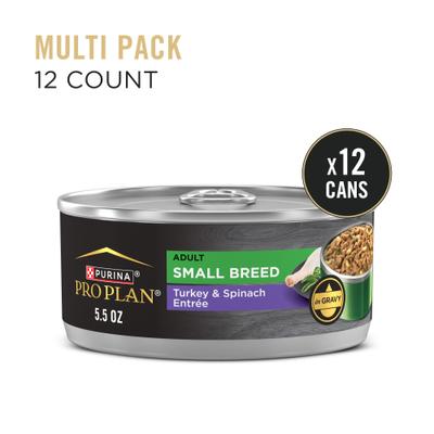 Show full view: Purina Pro Plan Adult Small Breed High-Protein Turkey & Spinach Entree in Gravy Shredded Wet Dog Food, 5.5-oz can, case of 24 slide 3 of 12