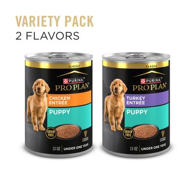 Show full view: Purina Pro Plan Development Variety Pack Puppy Grain-Free Chicken Entree & Turkey Entree Wet Dog Food, 13-oz can, case of 12 slide 6 of 12