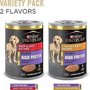 Purina Pro Plan Sport Development Puppy High Protein Beef & Rice Entrée & Chicken & Rice Entrée Variety Pack Wet Dog Food, 13-oz can, case of 12