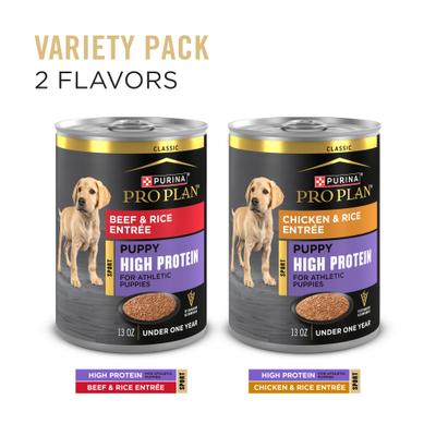 Show full view: Purina Pro Plan Sport Development Puppy High Protein Beef & Rice Entrée & Chicken & Rice Entrée Variety Pack Wet Dog Food, 13-oz can, case of 12 slide 6 of 12