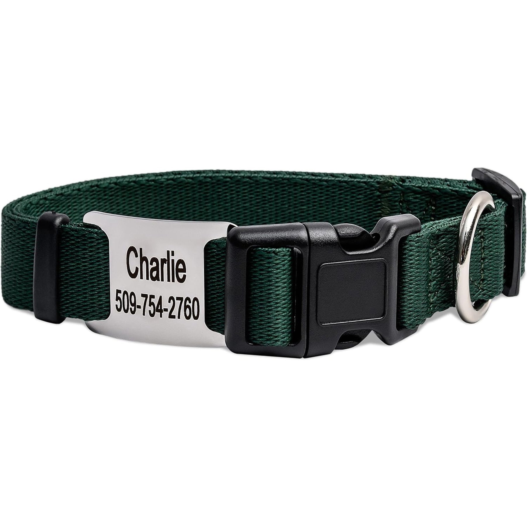 GoTags Adjustable Nameplate Personalized Dog Collar, Hunter Green, X-Small: 8 to 12-in neck, 3/8-in wide