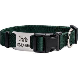 GoTags Adjustable Nameplate Personalized Dog Collar, Hunter Green, Small: 11 to 16-in neck, 5/8-in wide