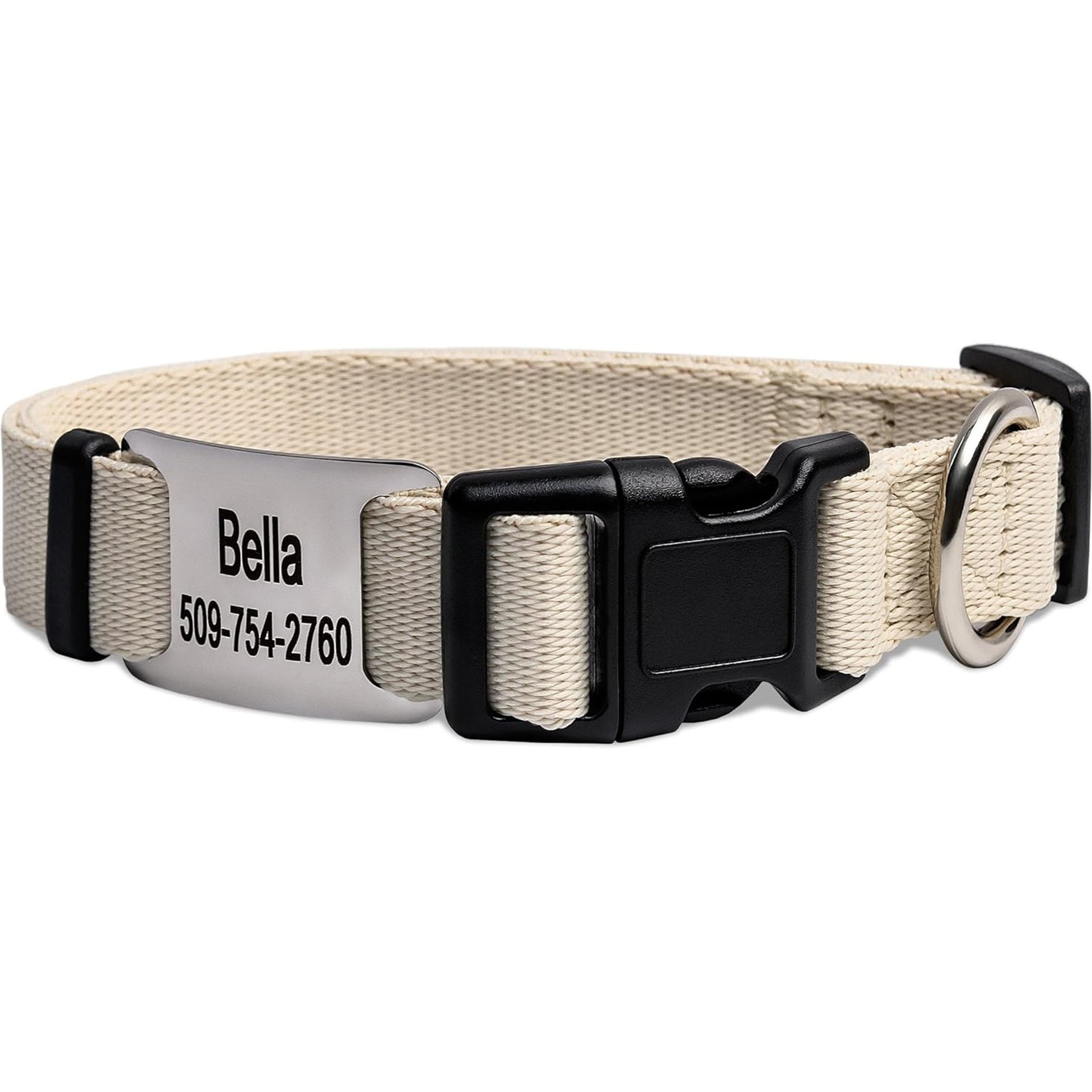 GoTags Adjustable Nameplate Personalized Dog Collar, Beige, Small: 11 to 16-in neck, 5/8-in wide